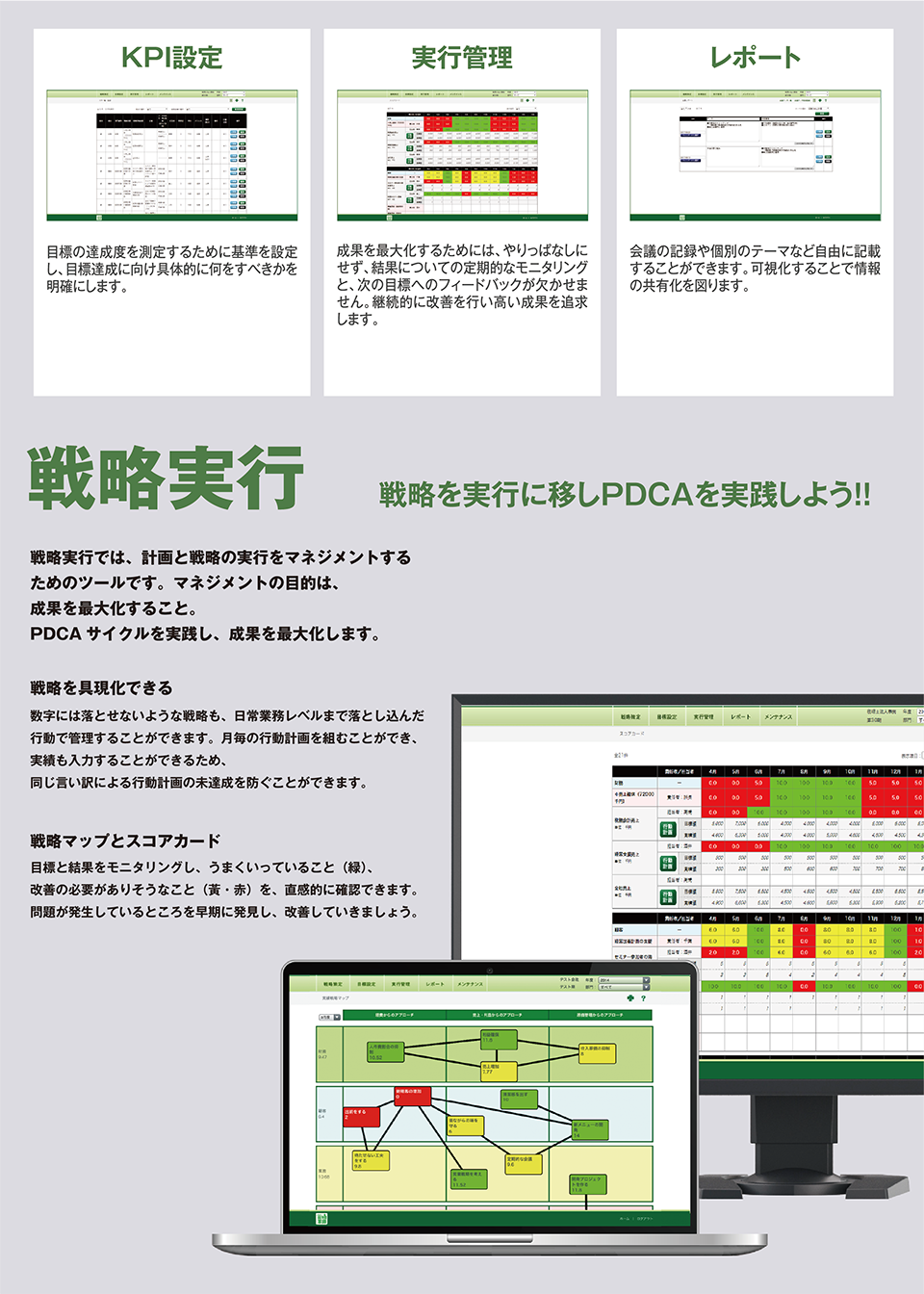 戦略実行管理　戦略実行では、計画と戦略の実行をマネジメントする
ためのツールです。マネジメントの目的は、成果を最大化すること。PDCA サイクルを実践し、成果を最大化します。